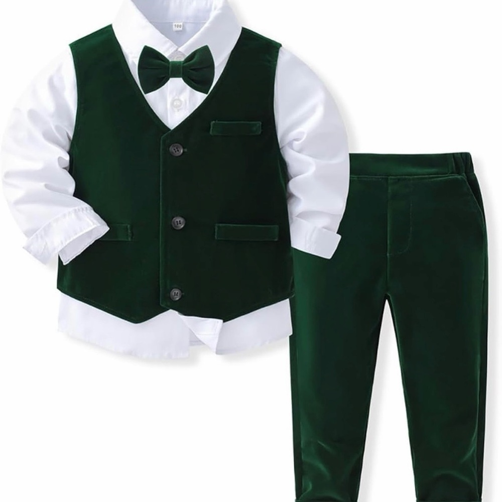Kids Green Velvet Formal Matching Set with Bow Tie